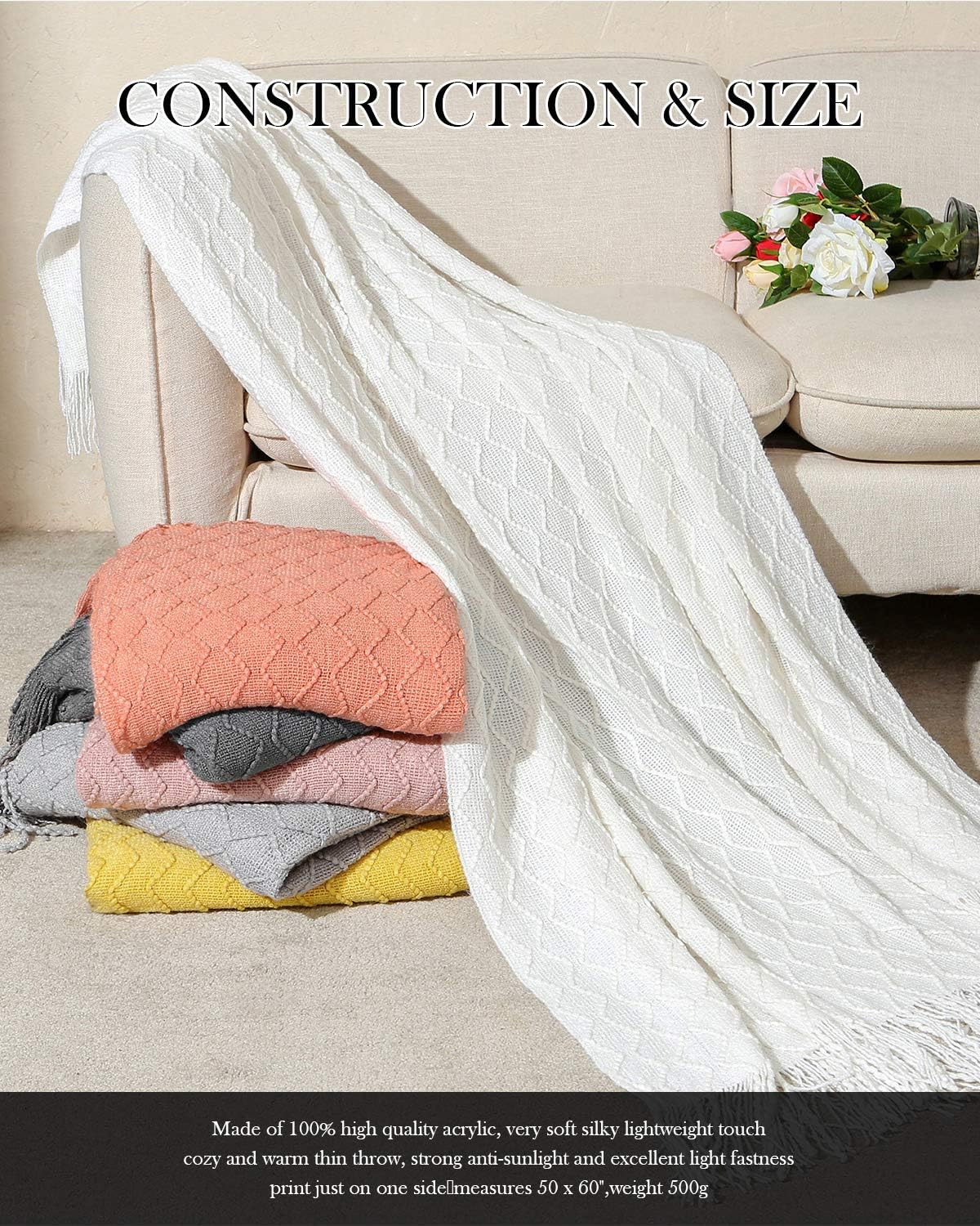 SPAOMY Throw Blanket, Knit Blanket with Tassels, Textured Cozy Lightweight Decorative Throw Blanket for Couch, Bed, Sofa, Travel- All Seasons (50x60 Inch, Beige): Home & Kitchen