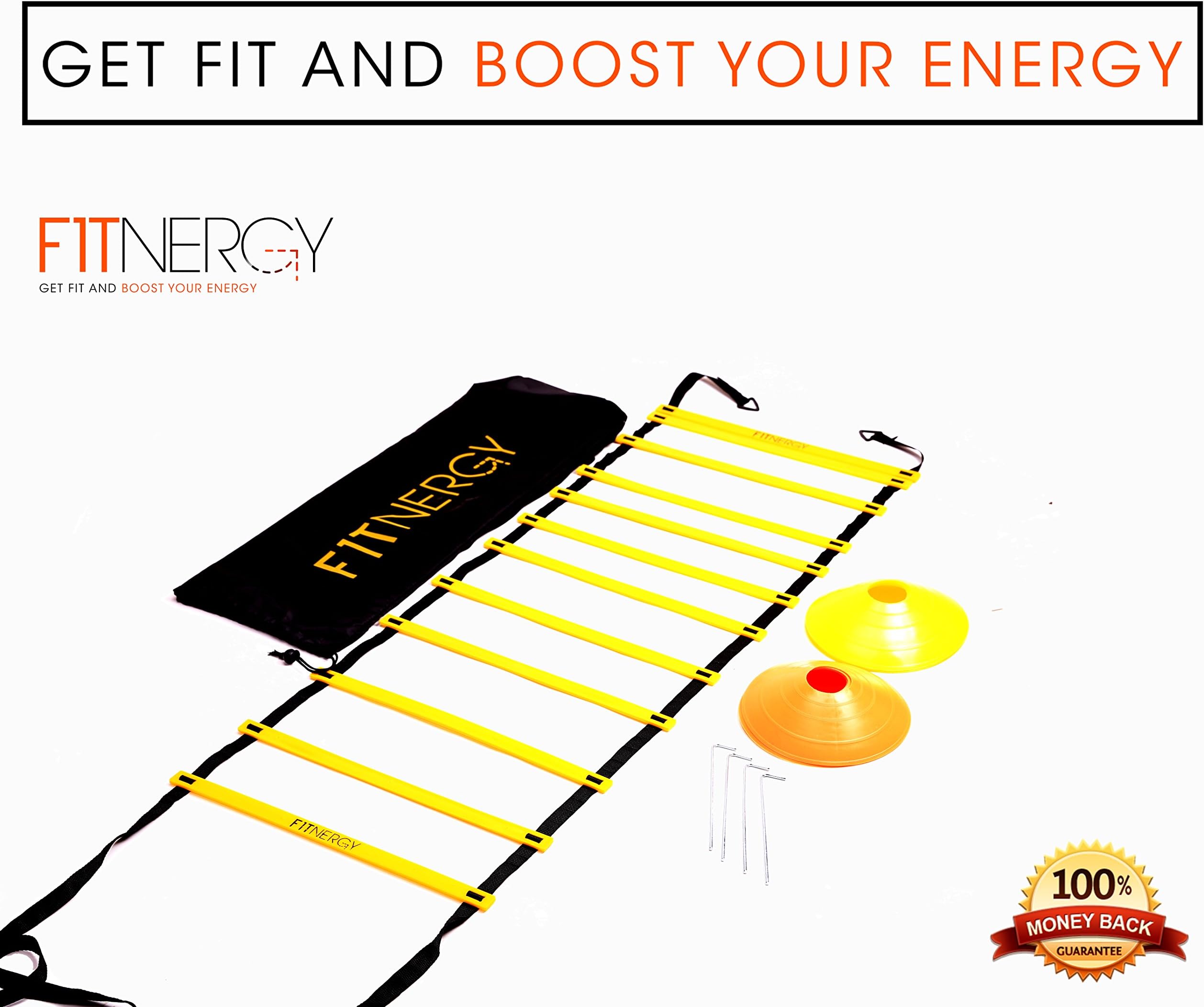 F1TNERGY Speed and Agility Ladder Training Equipment Yellow 12 Rung Ladder Free Carrying Bag + 10 Speed Cones (5 Orange + 5 Yellow) + 4 Pegs & D-Rings Soccer Football