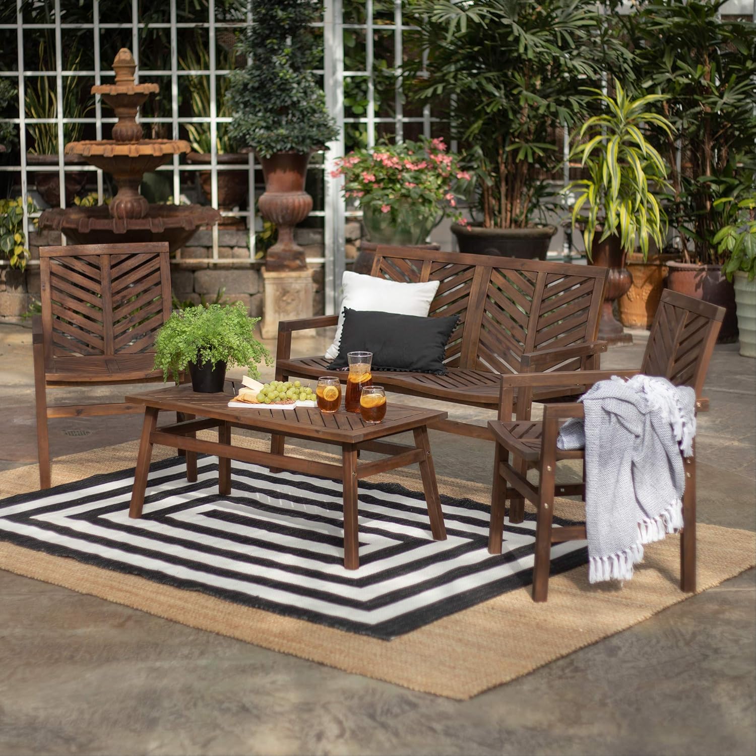 Walker Edison AZW4CGVINDB 4 Person Outdoor Wood Chevron Patio Furniture Set Loveseat Chairs Coffee Table All Weather Backyard Conversation Garden Poolside Balcony, Dark Brown : Garden & Outdoor