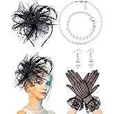 5 Pack Fascinators Hat for Women Tea Party Veil Mesh Headband Feather Hat Lace Gloves Pearl Jewelry Set for 1920s Party