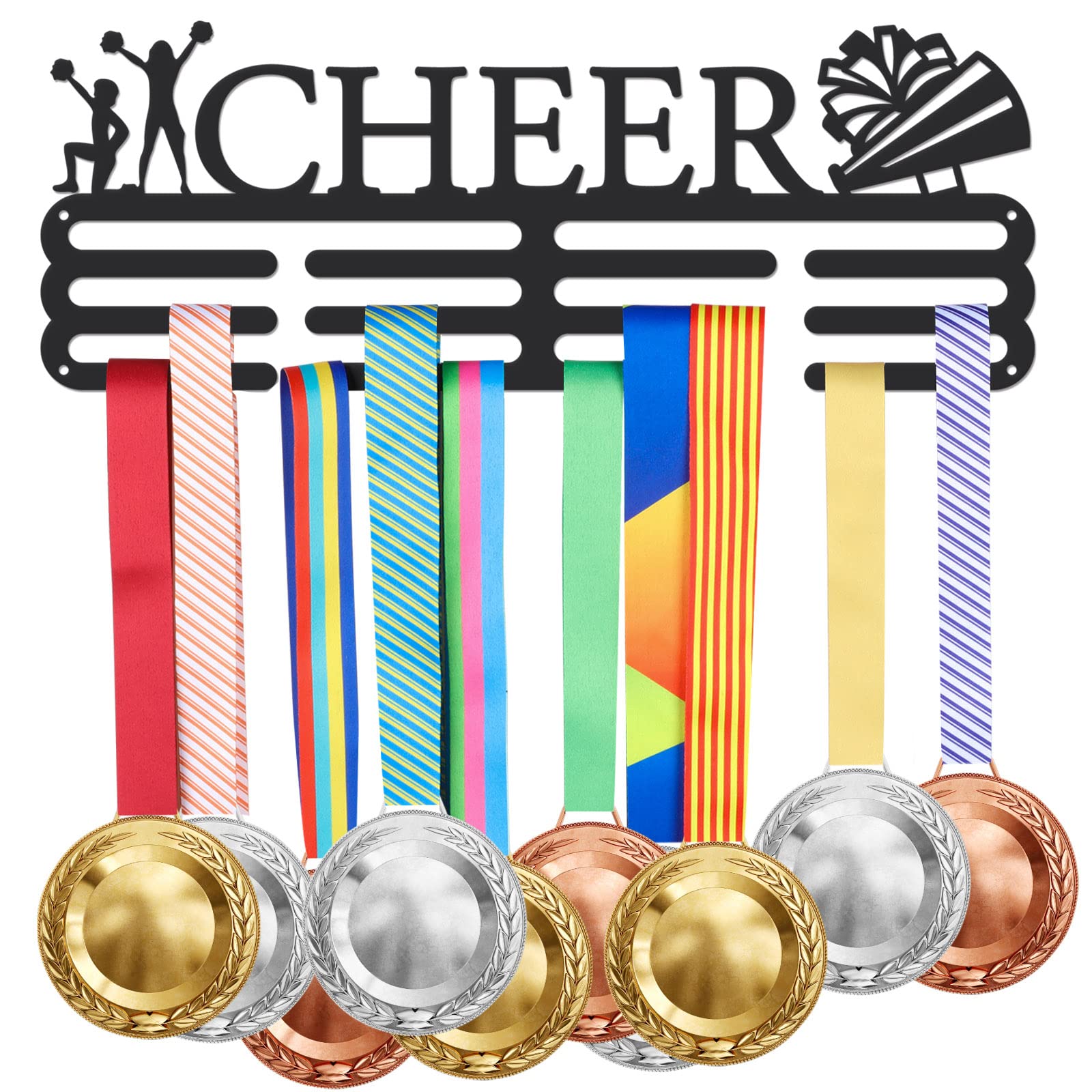 SUPERDANT Cheerleaders Medal Hanger Cheer Medal Holder with 12 Lines Sturdy Steel Award Display Holders for Over 60 Medals Wall Mounted Medal Display Racks for Ribbon Lanyard