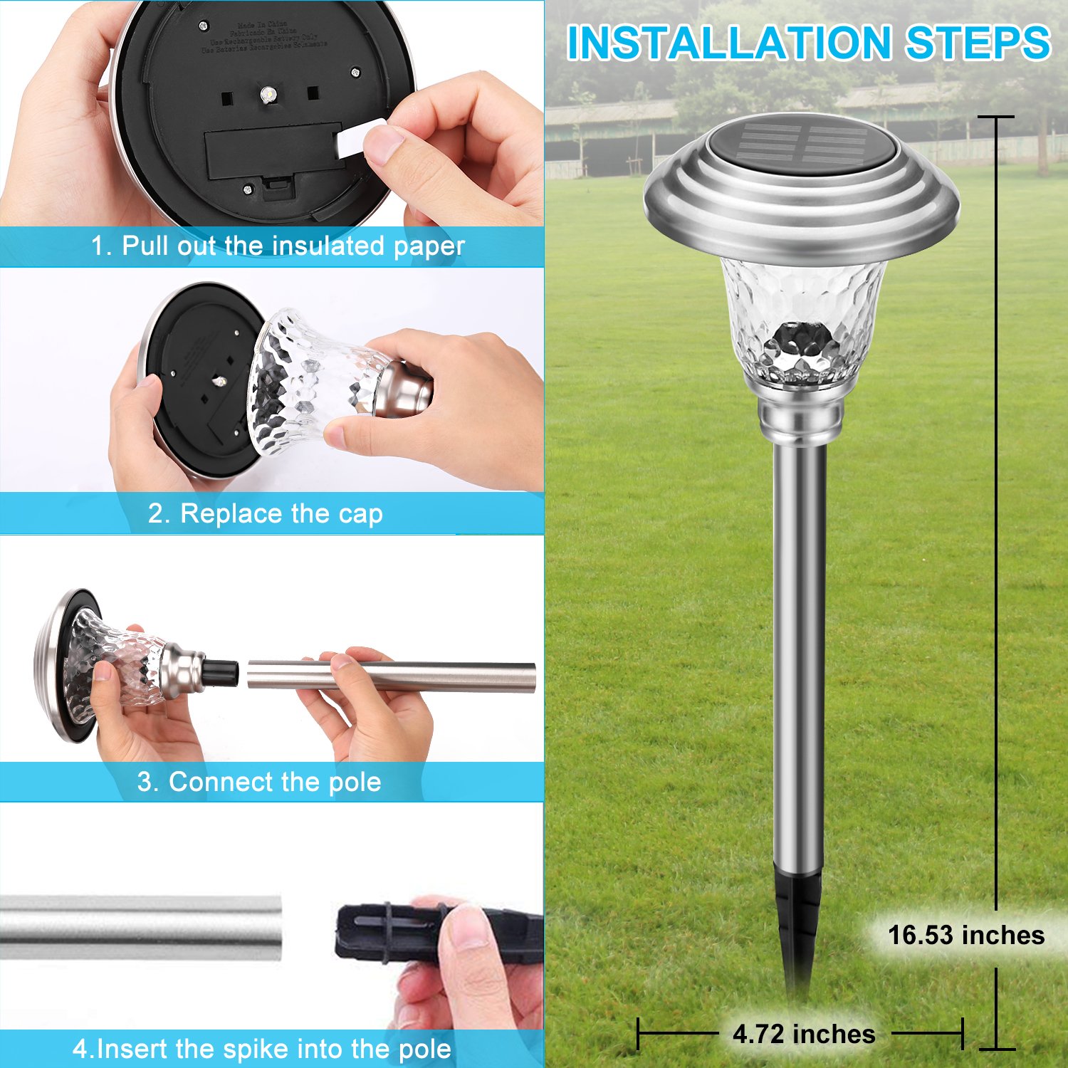 HousePlus Solar pathway lights outdoor + Stainless steel lights + LED lights + Water-proof lights, Solar Garden Llights or Patio Lights or Yard Lights or Driveway Lights