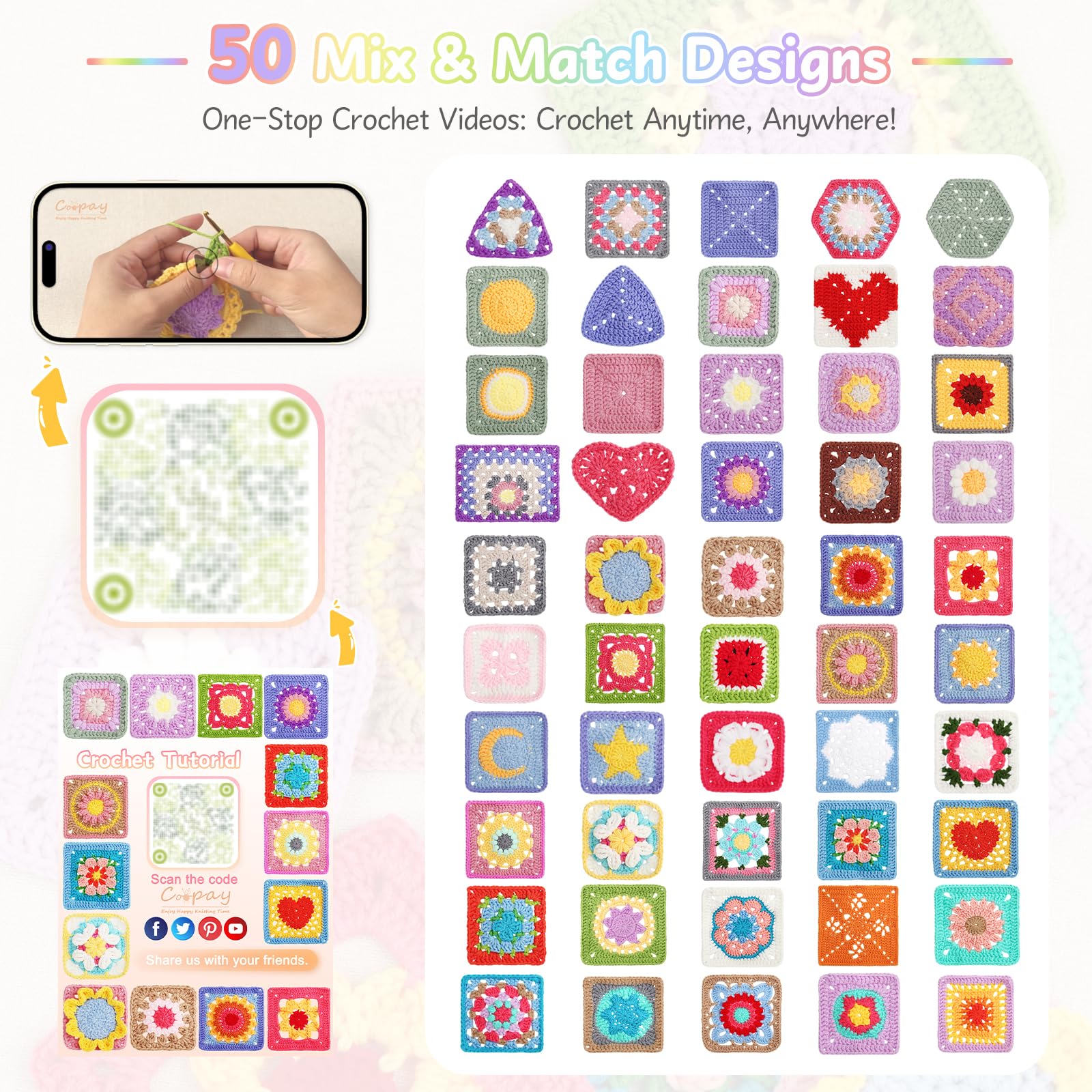 Coopay Crochet Kit for Beginners, Granny Square Crochet Kit with 2 Crochets Book & Video Card, Crochets Starter Kit for Adults Learn to Knitting, Granny Square Card Deck - 50 Mix & Match Designs