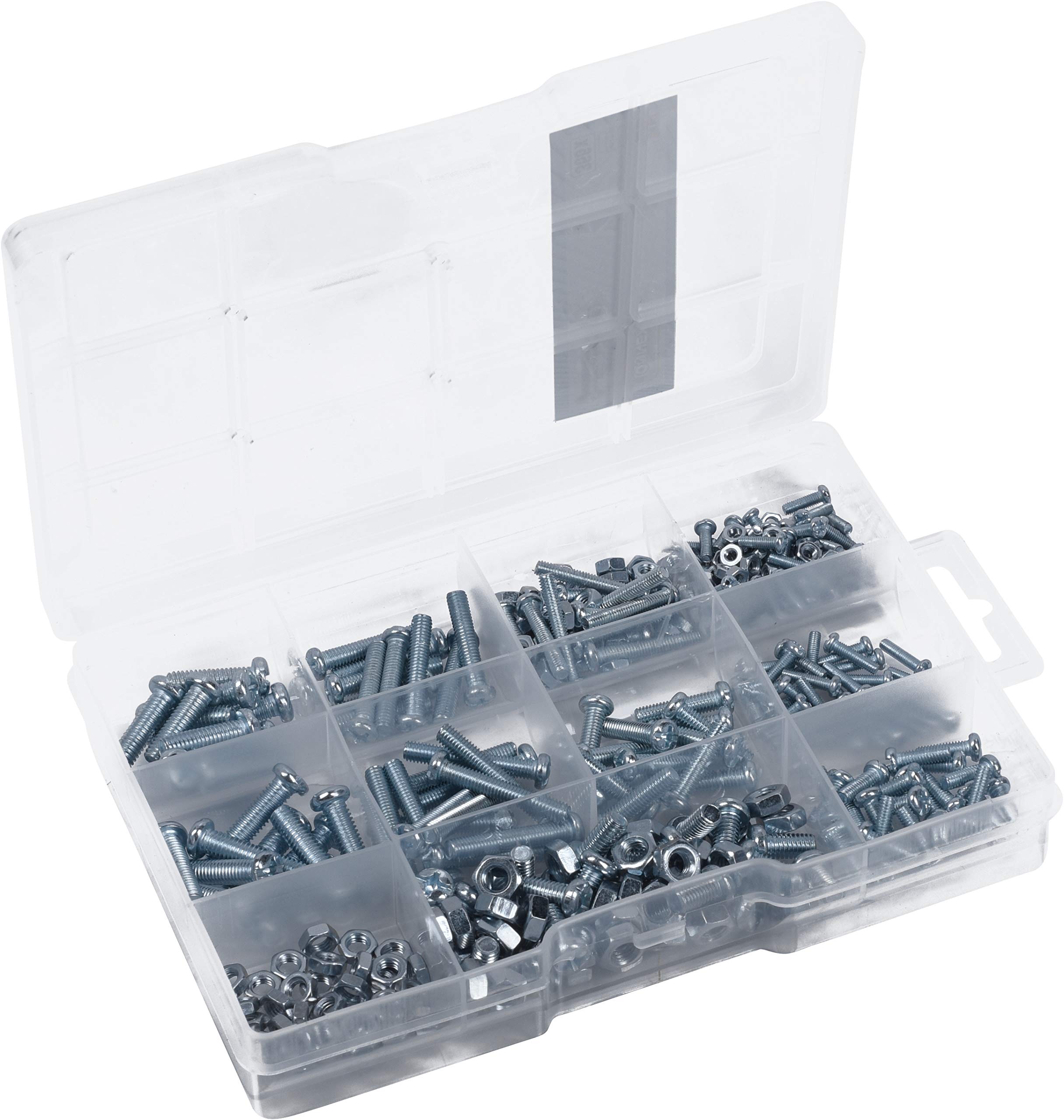 Connex DP8500106 Threaded Screws Assortment 366 Pieces Various Sizes Rounded Head PH Phillips Drive Fully Threaded Galvanised Includes Nuts/Screw Set/Assortment Box