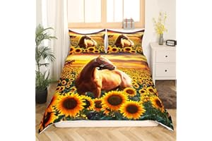 Erosebridal 3D Horse Comforter Cover for Kids Running Horses Bedding Set for Boys Girls Teen Youth Man Decorative Wild Animal Pattern 3 Piece Queen Size Sunflower Duvet Cover with 2 Pillowcases,Zipper