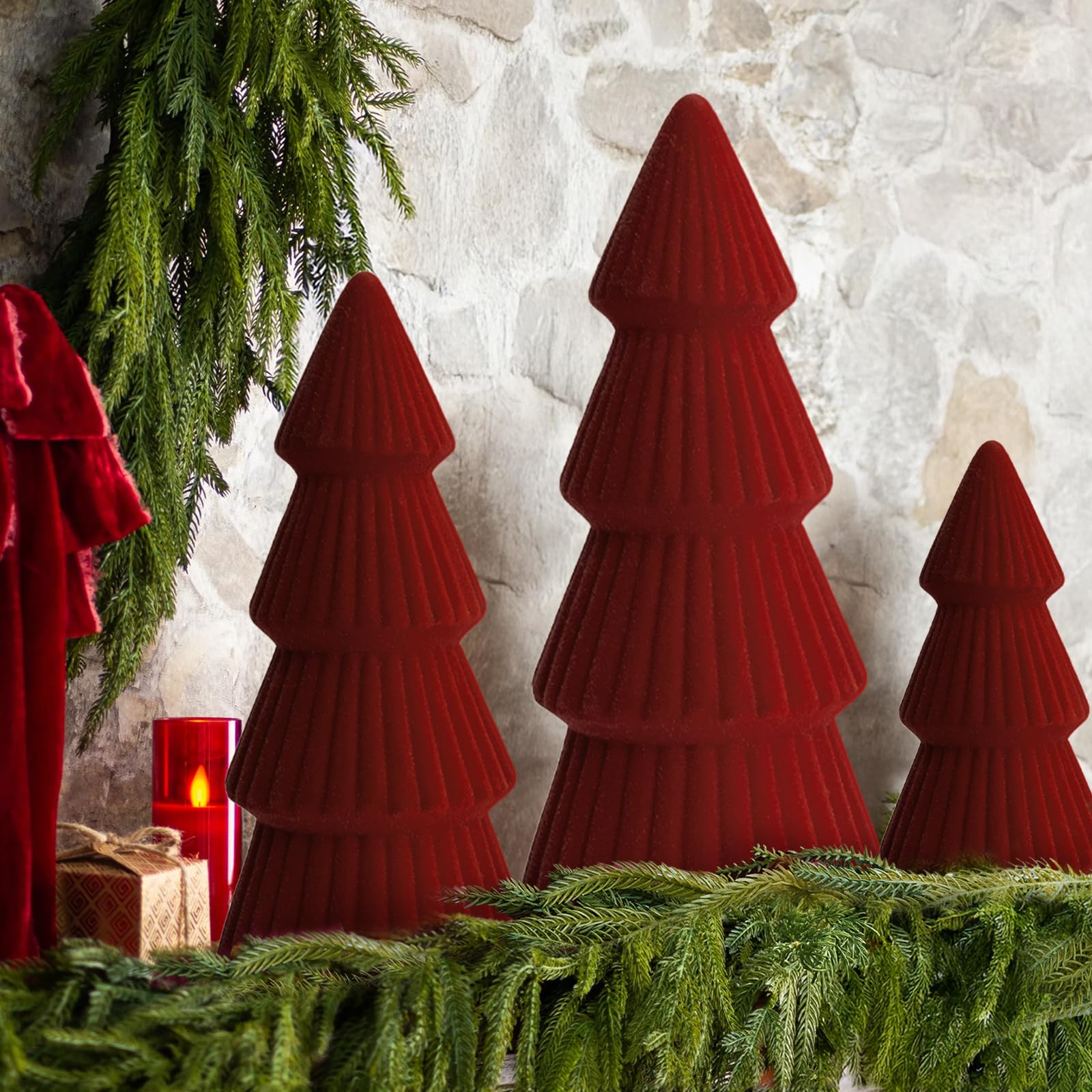 Photo 1 of Christmas Decorations - Set of 3 Velvet Ceramic Christmas Trees - Modern Cone Indoor Christmas Decoration Centerpieces for Table Mantel and Living Room Home Decor (Red)