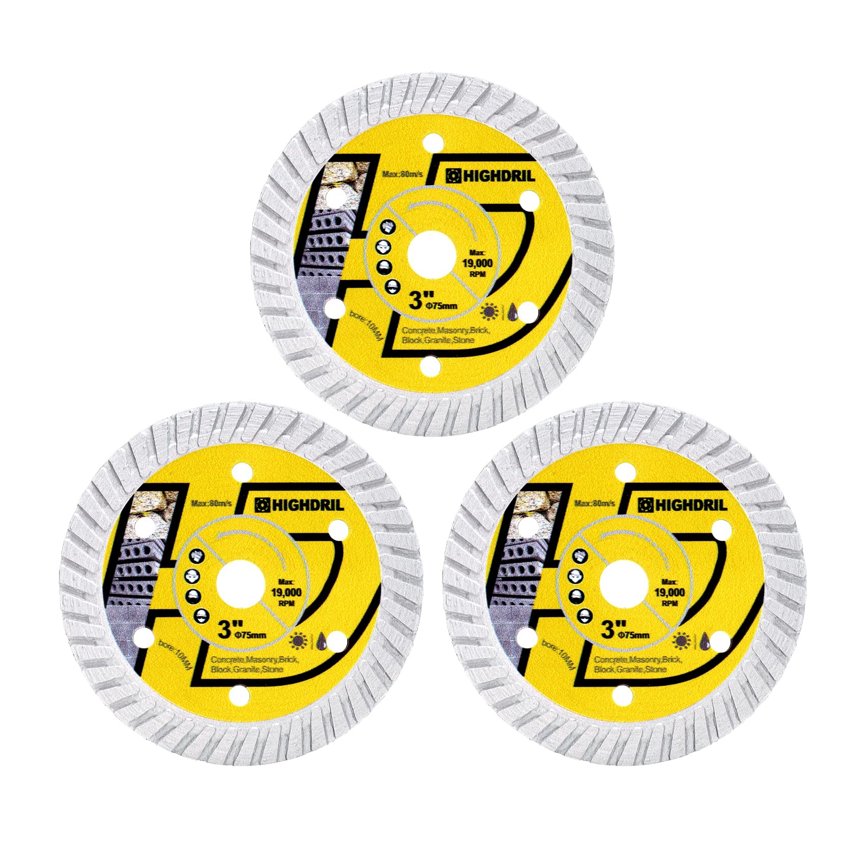 HIGHDRIL 3PCS 75mm/3" Diamond Cutting Disc Dry/Wet Angle Grinder Wheel Disc for Cutting Granite,Hard concrete,Hard Artificial,Natural Stones, Clinker