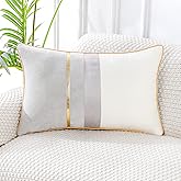 PANOD Patchwork Light Grey Silk-Like Velvet Throw Pillow Cover with Gold Striped Leather Cushion Case Modern Luxury Lumbar Pillowcase for Sofa Couch Bedroom Living Room Home,12x20 inch