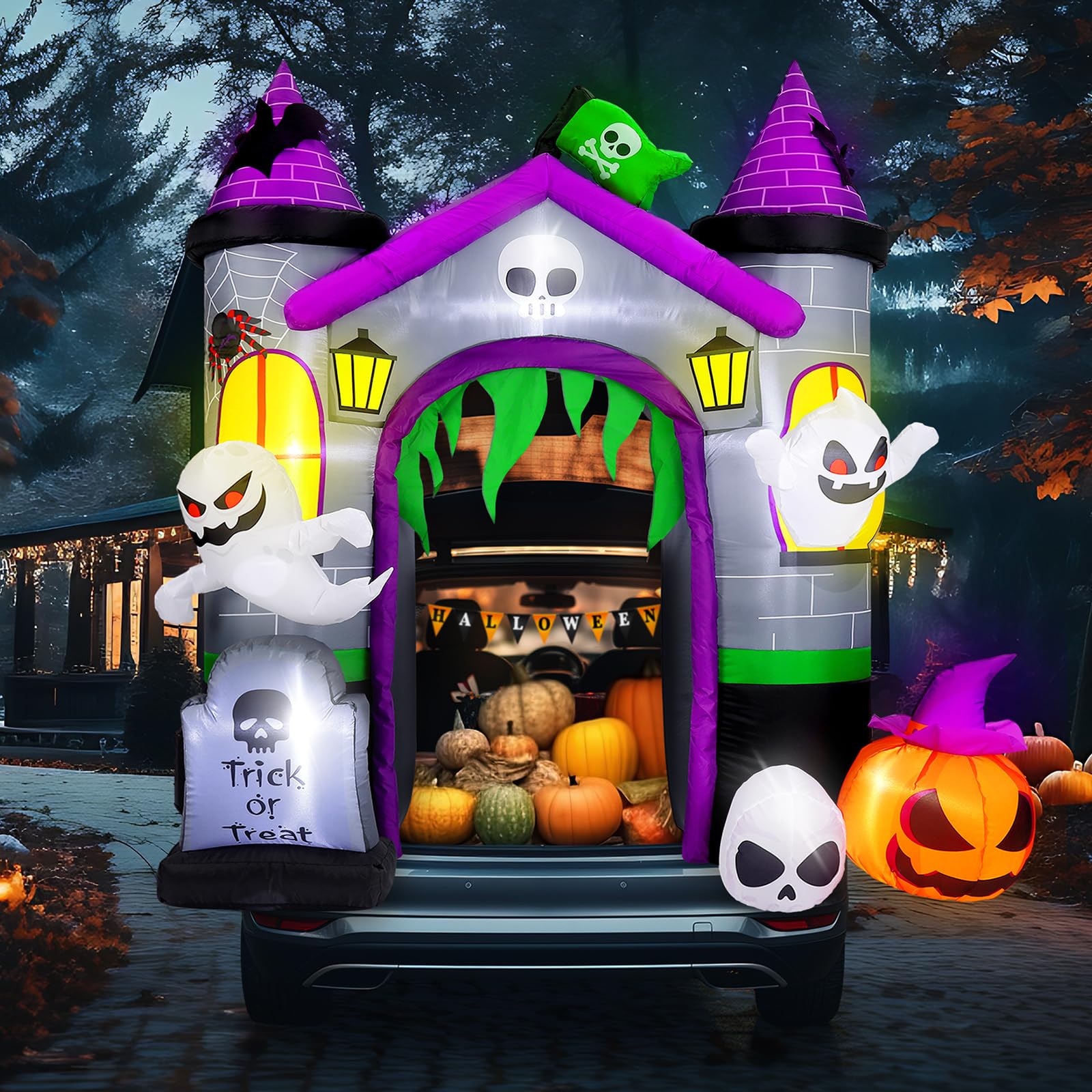 Photo 1 of Seenelling 5.9 ft Halloween Inflatable Trunk or Treat Car Decorations Kit Blow up Ghost and Pumpkin SUV Halloween Decor with Build-in LED Zombie Decor for Yard Lawn Outdoor Garden(Haunted Castle)