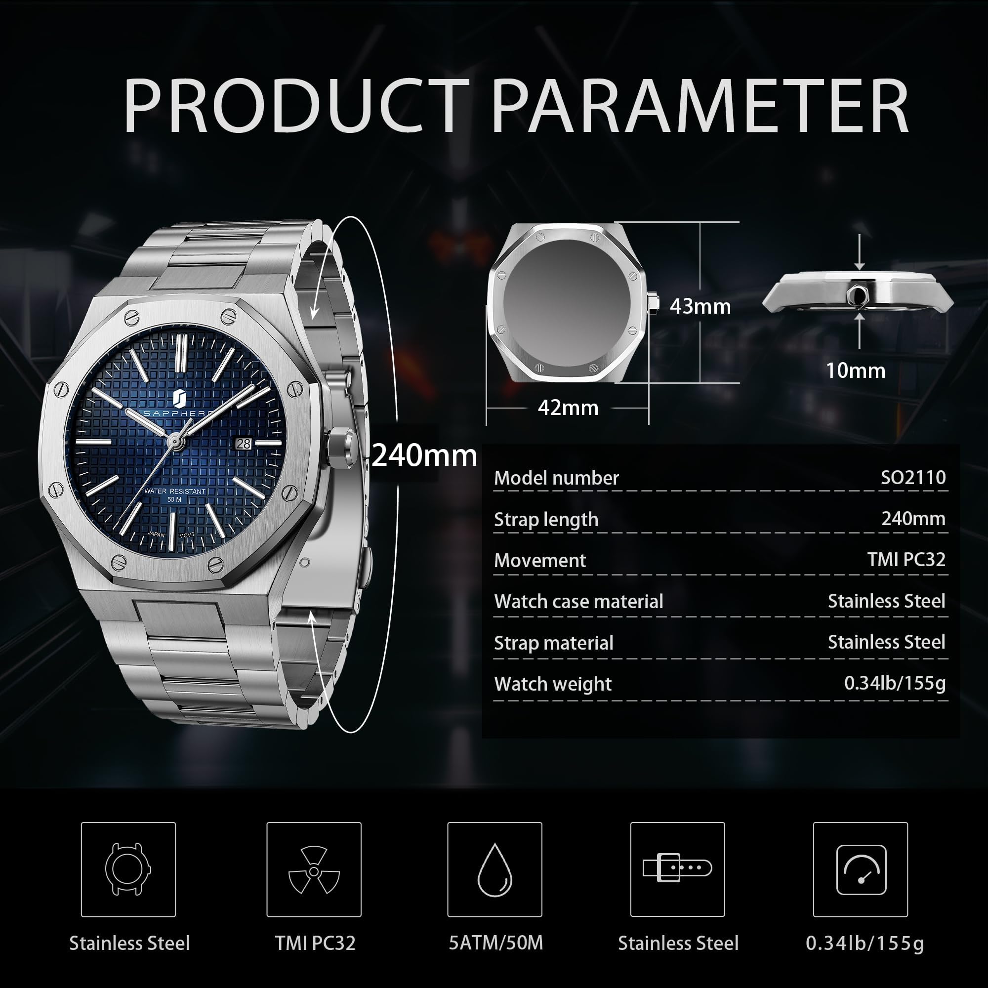 SAPPHERO Uhren Herren 30M wasserdichte Armbanduhr Herren Edelstahl Achteckig Herrenuhr Silber Quarz Japanische Uhrwerke Business Casual Leuchtende Uhr mit Date 7