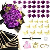 Purple Glitter Flower Roses Bouquet Kit - 24 Pack DIY Fake Shiny Rose with Stems Butterfly Crown Eternal Floral for Elegance Wedding Bouquet Anniversary Birthday, Valentine's Day, Mother's Day Gift