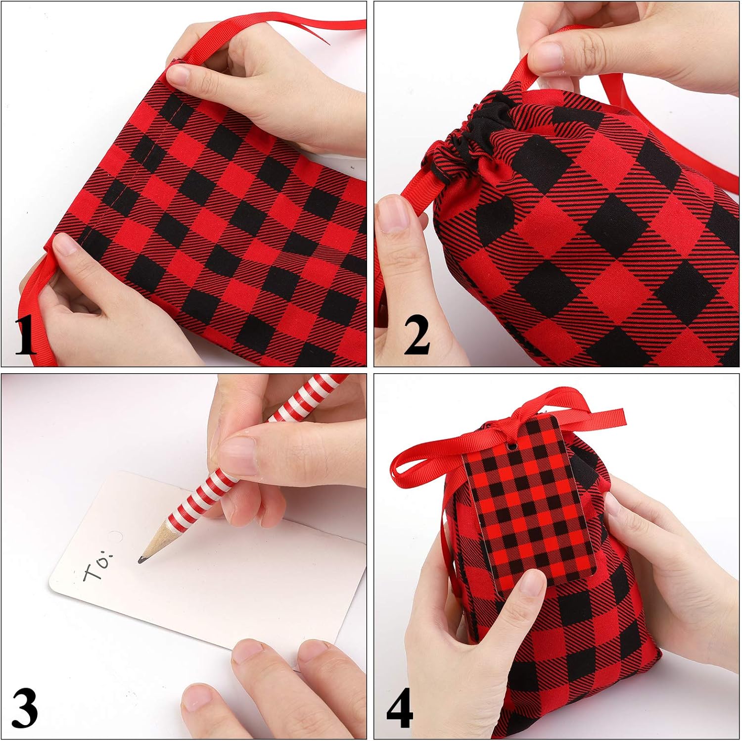 Aneco 12 Pieces Mini Christmas Cotton Buffalo Plaid Red and Black Plaid Drawstring Bag 7.8 by 5.9 Inches Stocking Storage Sack Xmas Bag Candy Sack Party Favors Bags with 20 Christmas Tags - Image 4