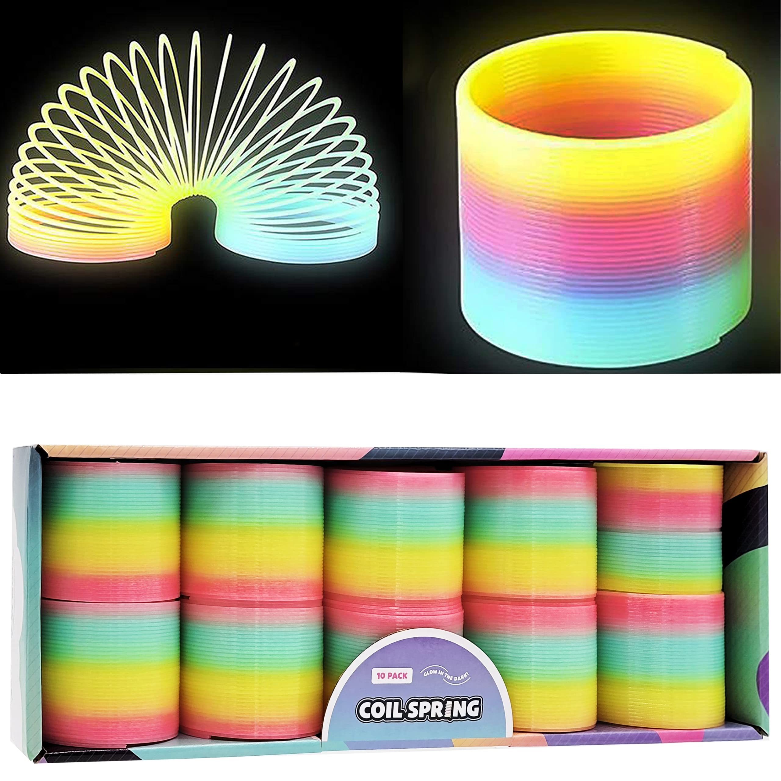 The Dreidel Company Plastic Coil Spring, Glow-in-The-Dark Magic Rainbow Slingy, Party Favor, Birthday Bag Filler, Stocking Stuffers, 3" (80MM) (10-Pack)