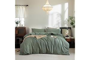 FOSSA Duvet Cover Set 100% Washed Cotton Linen Feel Super Soft Breathable Cozy Simple Style 3 Pieces Bedding Sets Solid Heathered Green Queen