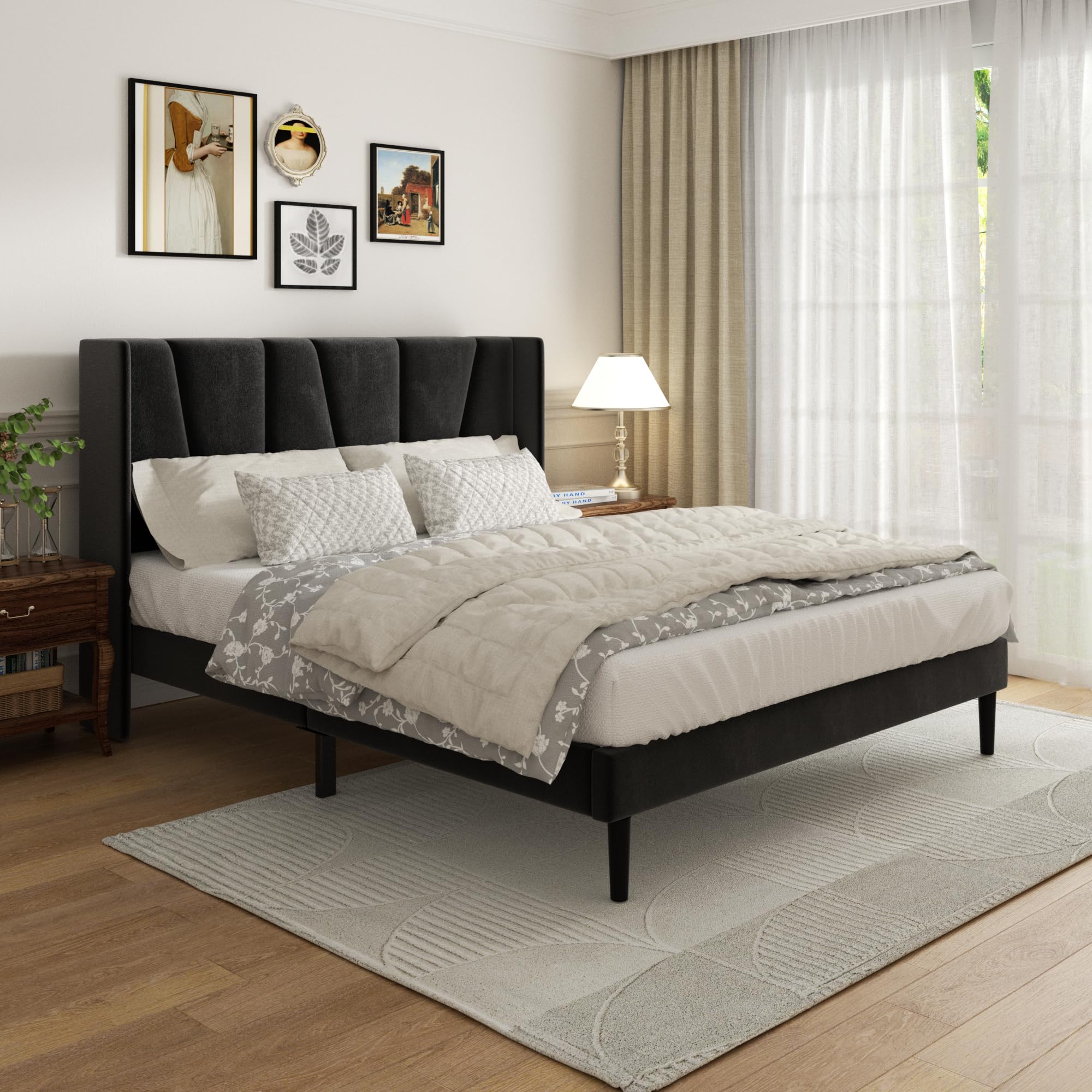 Photo 1 of Full Bed Frame with Headboard and Wingback, Velvet Upholstered Platform Bed, Mattress Foundation with Wooden Slat Support, No Box Spring Needed, Easy Assembly, Noise Free, Black