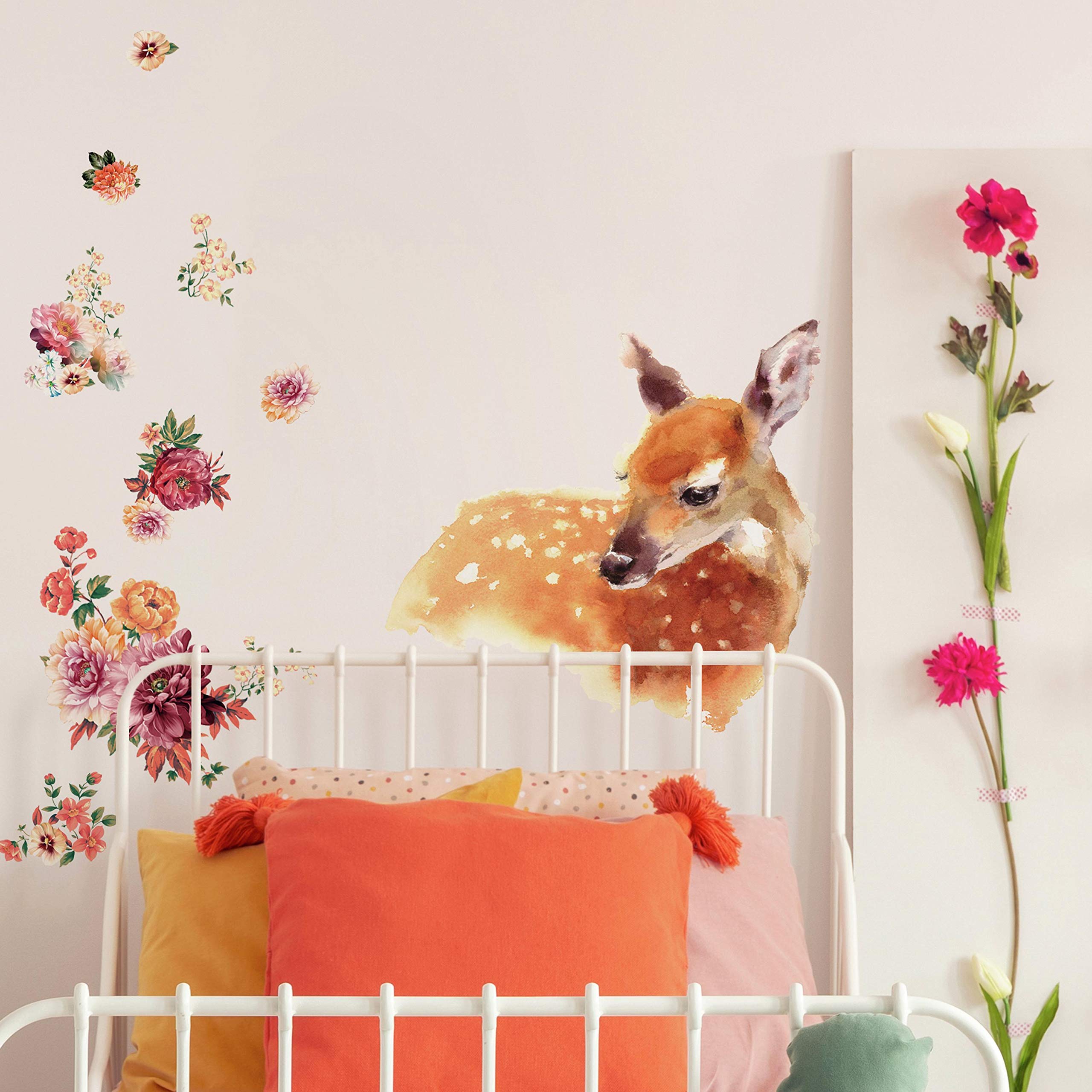 RoomMates Watercolor Fawn Peel and Stick Giant Wall Decals | Pink & Orange Wall Stickers