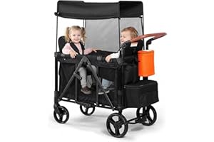 MONGIANDA Stroller Wagon with Adjustable Handle Includes Canopy & Organizer, Foldable and Convenient for Storage (Black)