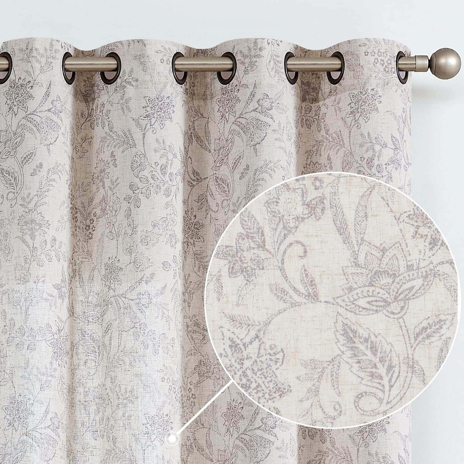Lazzzy Linen Farmhouse Curtains for Living Room 90 Inch Length Floral Print Window Curtains Semi Sheer Drapes for Bedroom Country Light Filtering Curtain Grommet Top 2 Panels Purple Grey on Beige