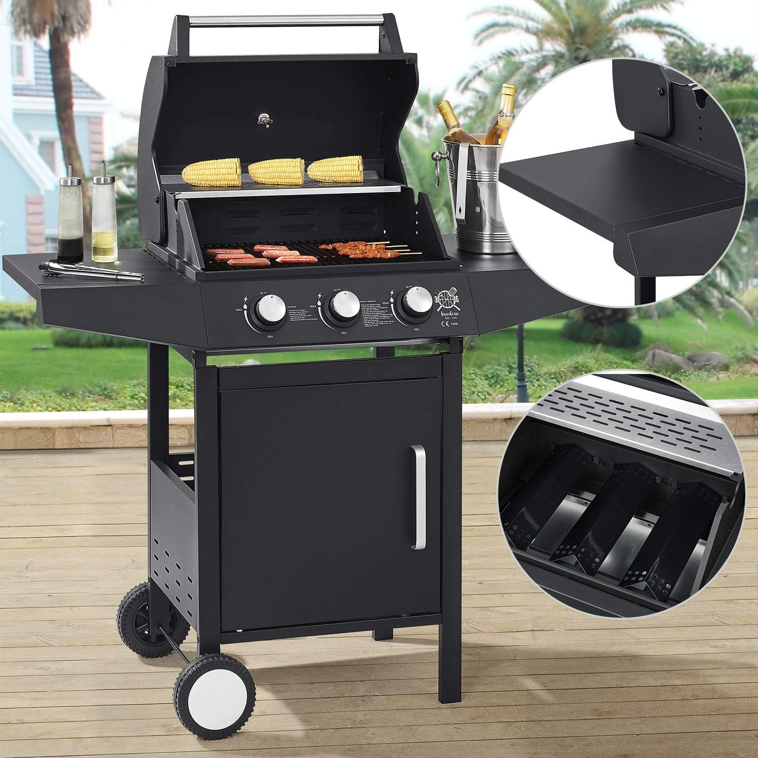 Broilcue BBQ Gasgrill Louisiana 3 Brenner 8,1 kW | Gas Grillwagen inkl. Grillrost, Deckel mit Grill Thermometer, Warmhalterost &amp; Seitenablagen
