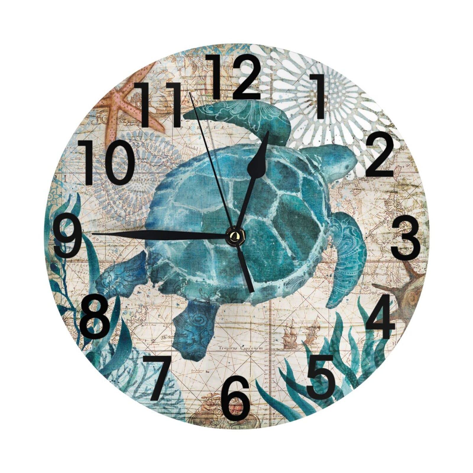 Abucaky Sea Turtle Nautical Map Retro Wall Clock Battery Operated ...