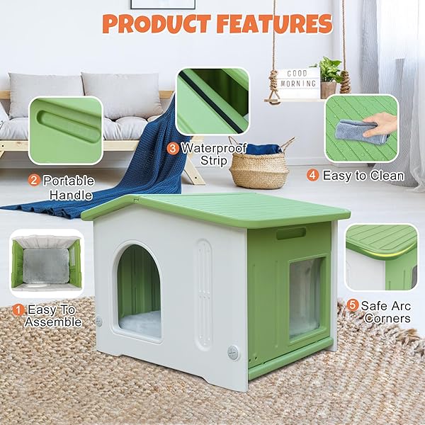 OUTDOOR CAT HOUSE WITH ESCAPE DOOR,FERAL CAT HOUSE WITH SELFWARMING MAT OUTDOOR CAT HOUSE WATWERPROOF LARGE CAT HOUSE FOR 1-2 CATS, ASSEMBLE EASILY-GREEN