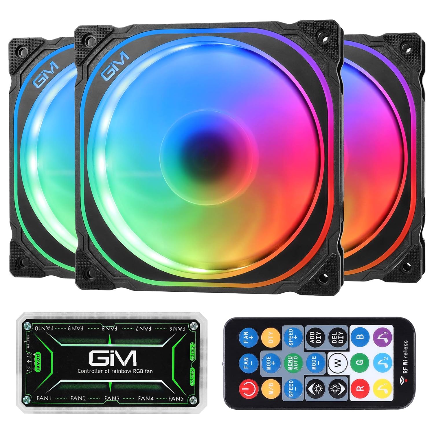 GIM KB-21 RGB Case Fans, 3 Pack 120mm Quiet Computer Cooling LED Fan for PC case and CPU Cooler, Colorful Rainbow Speed Adjustable Cooler with Hub