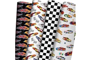 ZINTBIAL Race Car Wrapping Paper for Kids Birthday - Flames, Checkered Flags, Colorful Racing Cars and Happy Birthday Words Designs - 20 x 29 Inches, 8 Folded Sheets, Easy to Store…
