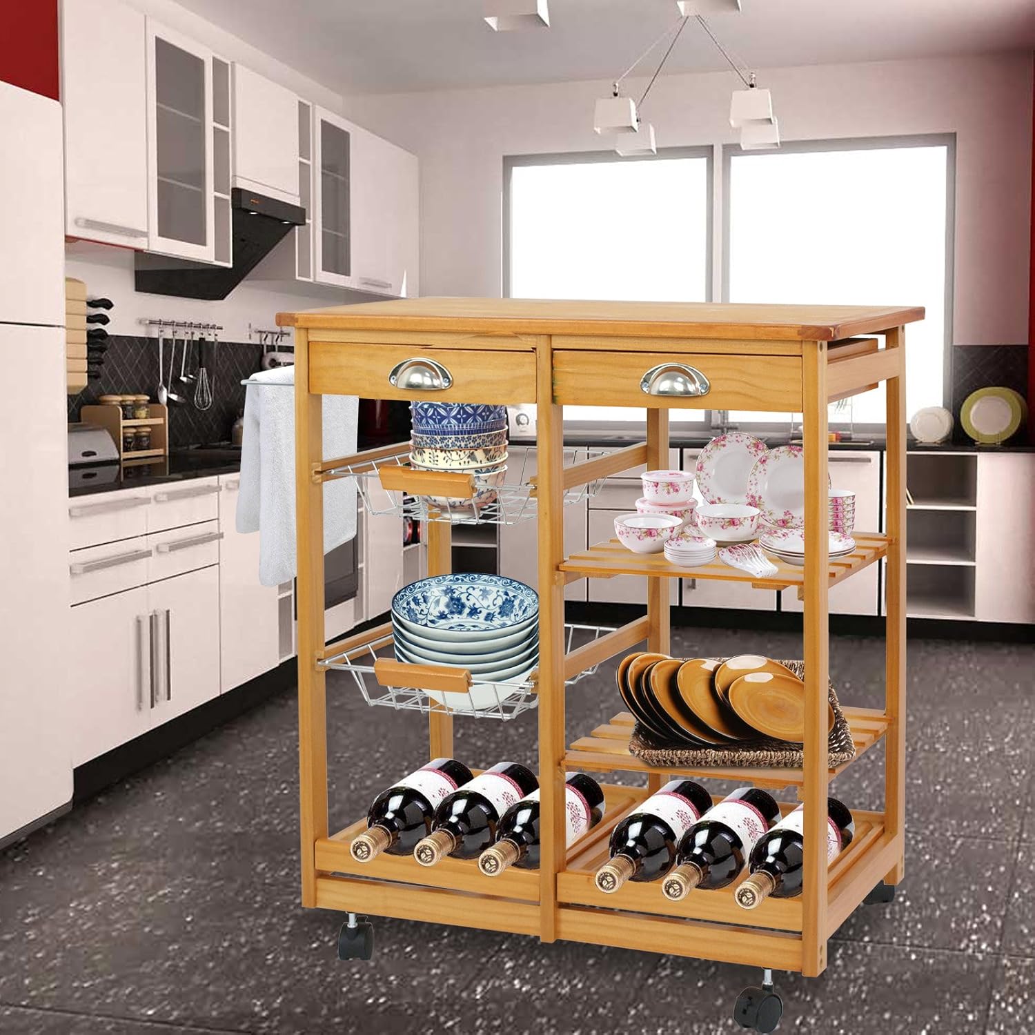 Nova Microdermabrasion Rolling Wood Kitchen Island Storage Trolley Utility Cart Rack w/Storage Drawers/Baskets Dining Stand w/Wheels Countertop (Wood) (Wood Top) - Kitchen Islands & Carts