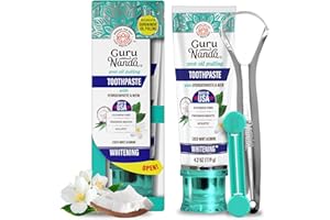 GuruNanda Hydroxyapatite Toothpaste, SLS & Fluoride Free, Whitening Toothpaste with Tongue Scraper & Squeezer - Freshens Breath, Fights Plaque - Natural CocoMint Jasmine Neem, 4.2oz