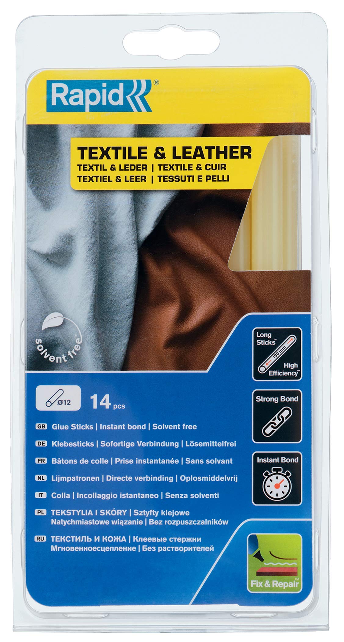 Rapid 5001418 12 mm Glue Sticks Textile & Leather, Yellowish, Ø12 x 190 mm