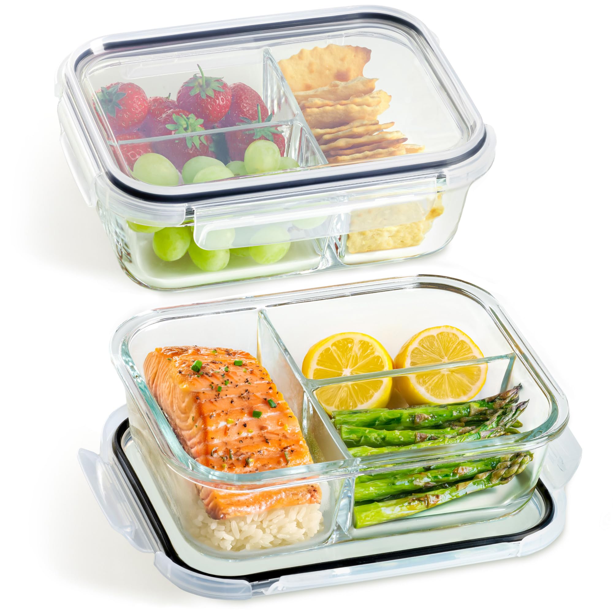 Praknu Glass Containers with Lids - Set of 2 Meal Prep Glass Containers with 3 Compartments – 1 Litre – Airtight – Suitable for Dishwasher, Microwave & Oven