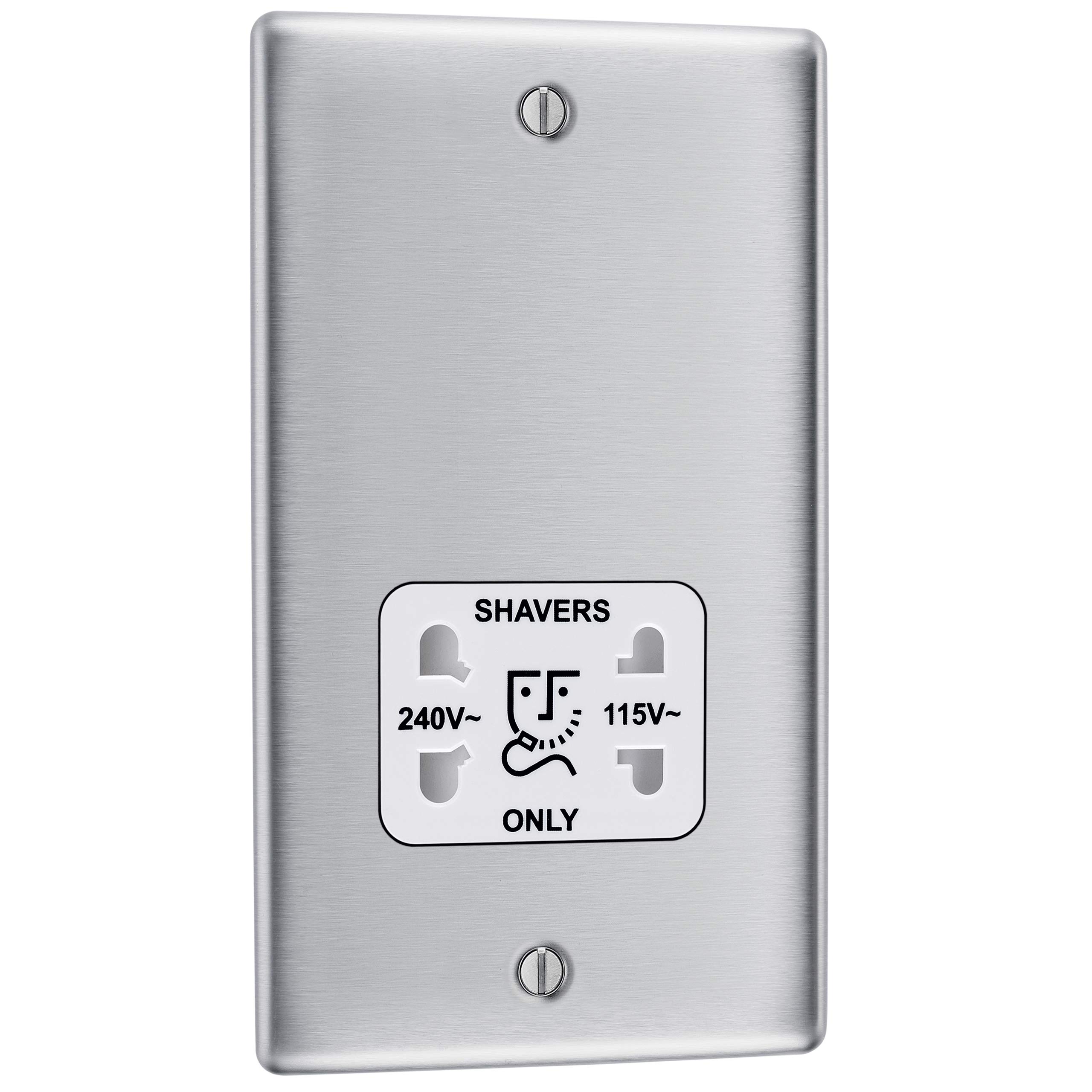 BG Electrical Dual Voltage Shaver Plug Socket, Electric Toothbrush Charger Socket, Bathroom, Raised and Slim Profile, Round Edges, Nexus Metal, 2-Pin, Brushed Steel, White Inserts, 115V / 240V, NBS20W