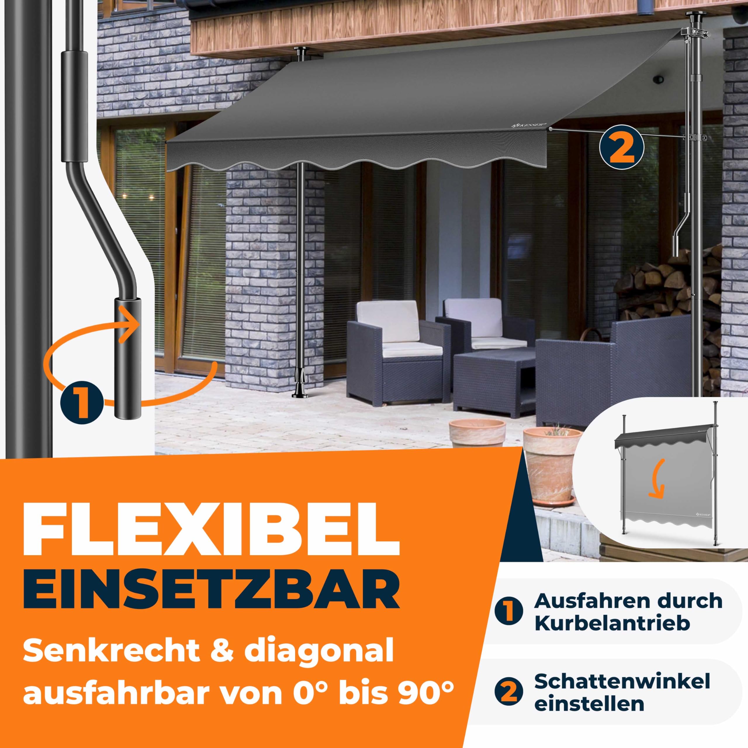 KESSER® Sonnenschutz Markise manuell ausziehbar 300cm | Sonnensegel UV Schutz Sonnenschutz | Klemmmarkise für Outdoor, Terrasse, Balkon, Garten höhenverstellbar ohne Bohren, Anthrazit 2