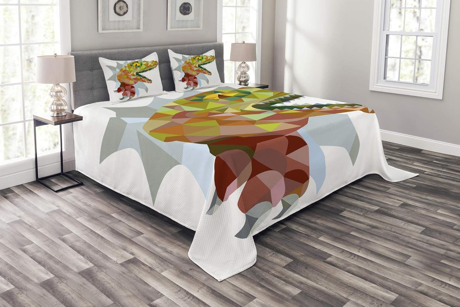 当店一番人気 ジュラシックピクセル恐竜マスコット 開口口 カラフルなモザイクワイルドレックスイラスト ベッドスプレッド Reptile Ambesonne 装飾キルトカバーセット クイーン マルチ1 B07hx261 Bed Queen クイーン マルチカラー 枕カバー付き ベッドカバー