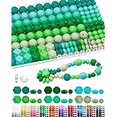 172PCS FIVEIZERO Silicone Beads for Keychain Making, 6 Mixed Colors Silicone Focal Beads Kit, 9mm & 15mm Round Lentil Hexagon Bead & Rhinestone Spacer Bead for Jewelry Making & Bracelets (Green)