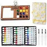 MUZMDNI Mini Portable Watercolor Palette Set-Grid Paint Box with Binder Clips Include 24 Colors Paint - Brush*3 and Picture Album Art Materials Coloring Markers for Travel, Creative Drawing Kit for Beginners and Art Enthusiasts(Yellow Wood-L)