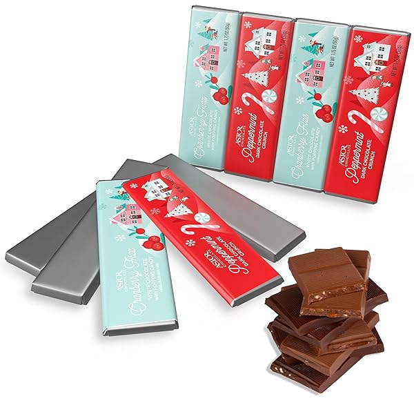 ASTOR CHOCOLATE HOLIDAY 4 BAR GIFT PACK | ASSORTED CHRISTMAS DARK CHOCOLATE PEPPERMINT CRUNCH AND WHITE CHOCOLATE CRANBERRY FIZZ POPPING CANDY SNACK BOX SET | HOLIDAY GIFTS FOR ADULTS MEN WOMEN KIDS | GOURMET BELGIAN CHOCOLATE HOLIDAY 2024 BASKET