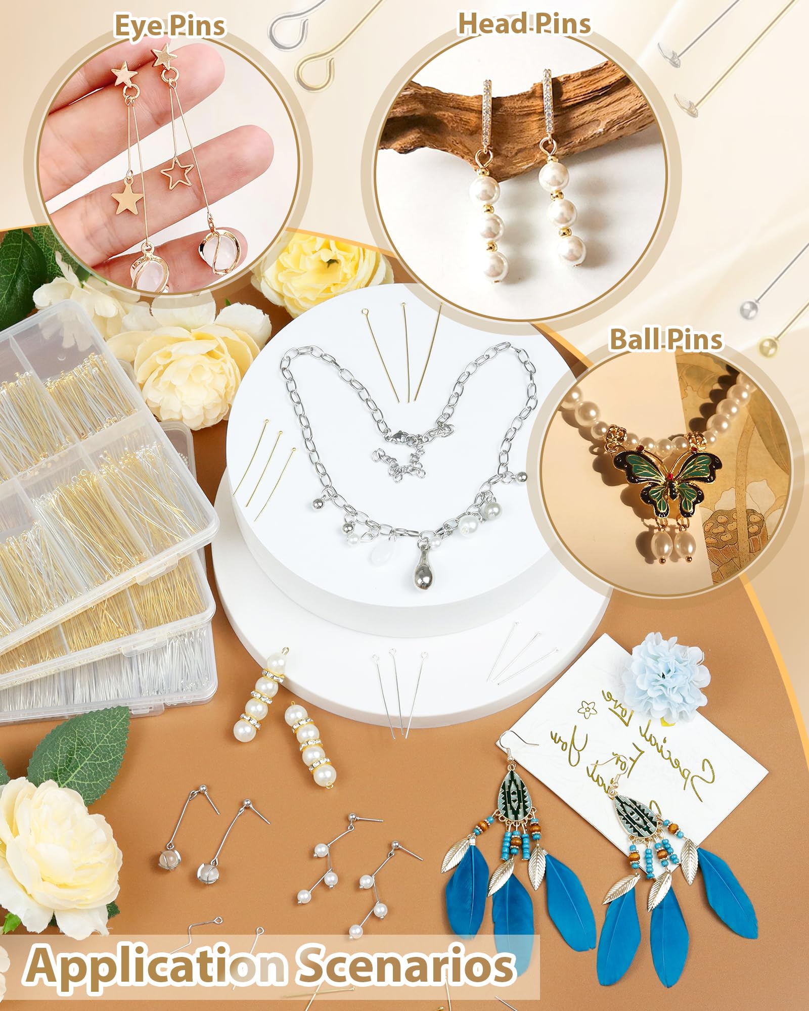 FIVEIZERO 900 PCS Eye Pins and Flat Head Pins for Jewelry Making, Metal Eyepins, Headpins & Ball Head Pins for DIY Earrings, Necklaces, Bracelets, Pendants, 1.2