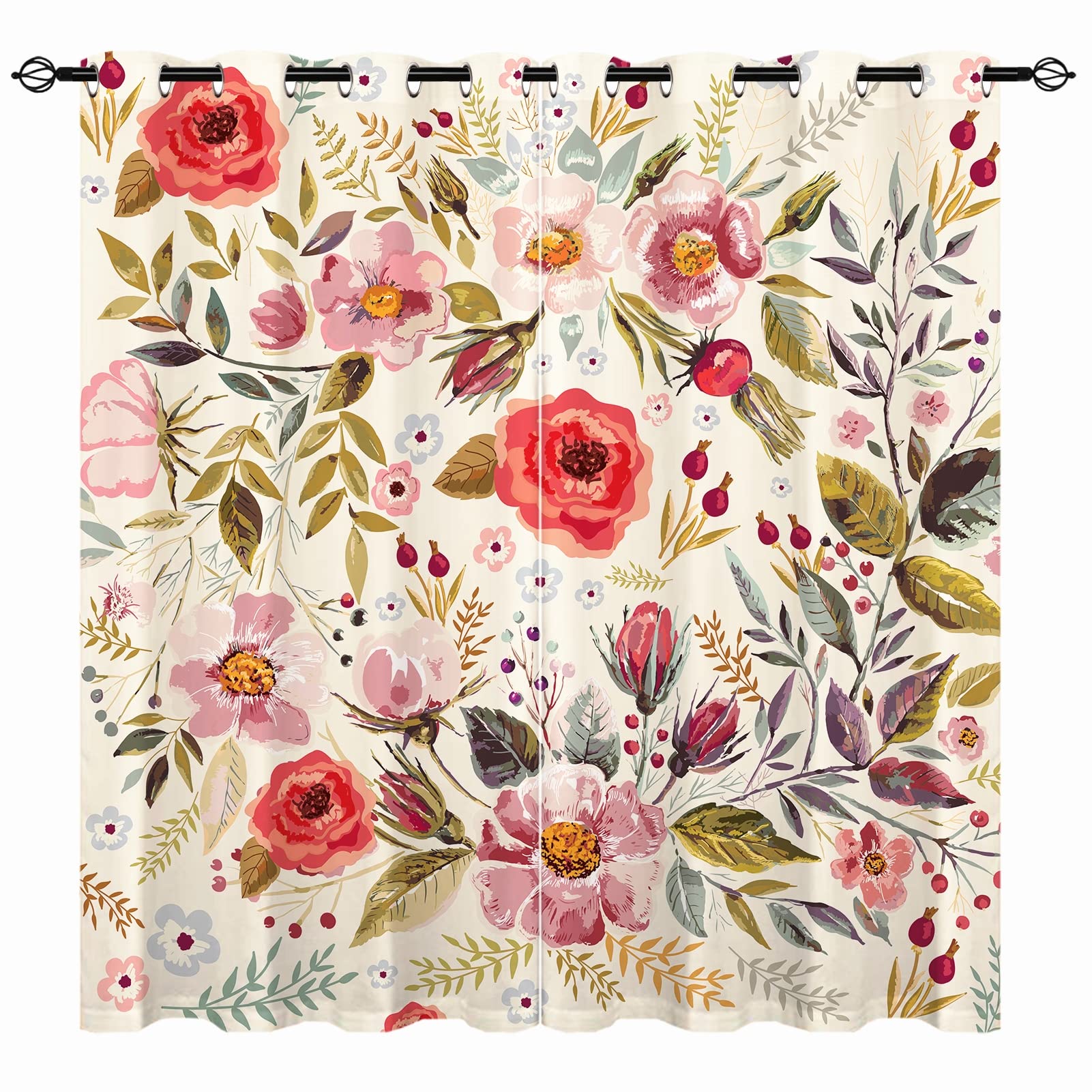 YUANZU Vintage Floral Curtains - Boho Girls Watercolor Romantic Flowers Leaves Print Pattern Eyelet Blackout Thermal Window Drapes for Bedroom Living Room Dining Room Office 2 Panels W75cm x D166cm — image 1