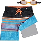 ZeroXposur Boys Swim Trunks with Compression Liner and Goggles, Quick Dry Swim Shorts