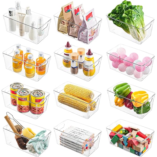12 PACK SMALL CLEAR PLASTIC STORAGE BINS, ACRYLIC...