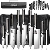 MDHAND Chef Knife Set with Roll Bag, 9PCS Professional Knife Sets with Sharpener, High Carbon Stainless Steel Japanese Kitchen Knives - Black Pakkawood Handle, Dishwasher Safe, For Cooking, Chef Gifts