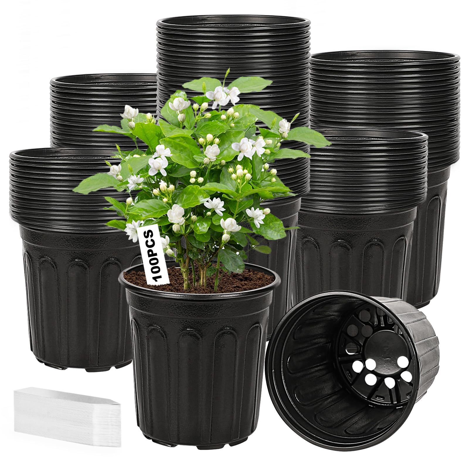 Photo 1 of Hemikaki 100-Pack 1 Gallon Nursery Pots, Thickened Pots for Plants with Drainage Holes, Large Plastic Flower Pots for Seedlings, Succulents, Transplanting, Come with 100pcs Plant Labels