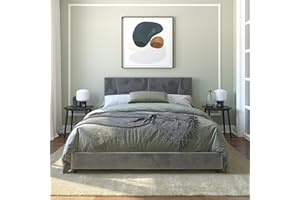 REALROOMS Maverick Velvet Upholstered Platform Bed with Tufted Headboard, Full, Gray