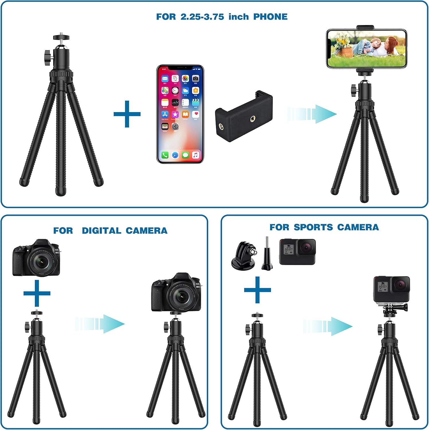 Phone Tripod, Portable Cell Phone Camera Tripod Stand with Wireless Remote, Flexible Tripod Stand for Selfies/Vlogging/Streaming/Photography Compatible with iPhone, Android Phone, Sports Camera GoPro: Camera & Photo