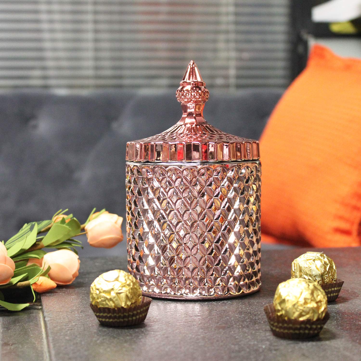 Candy Jar, Clear Glass Apothecary Container, Biscuit Barrel, Cookies Tin, Dry Food Storage Canister Crystal Weave Wedding Decorative Buffet Jars with Lid (Rose Gold, Large)