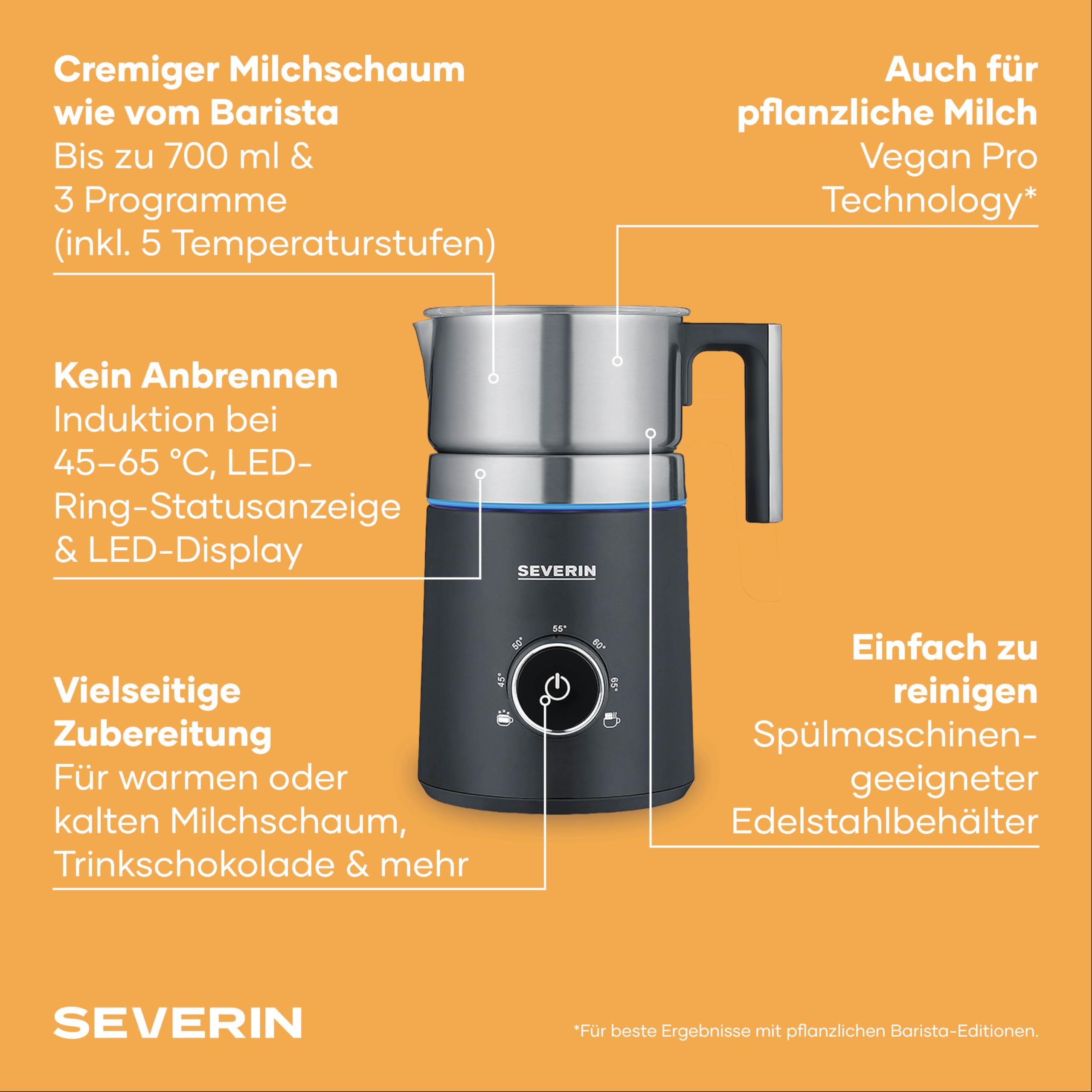 SEVERIN SPUMA 700 Induktions-Milchaufschäumer, elektrischer Milchaufschäumer ohne Anbrennen, spülmaschinengeeigneter Milchschäumer, Edelstahl-gebürstet/schwarz-matt, SM 3586 3