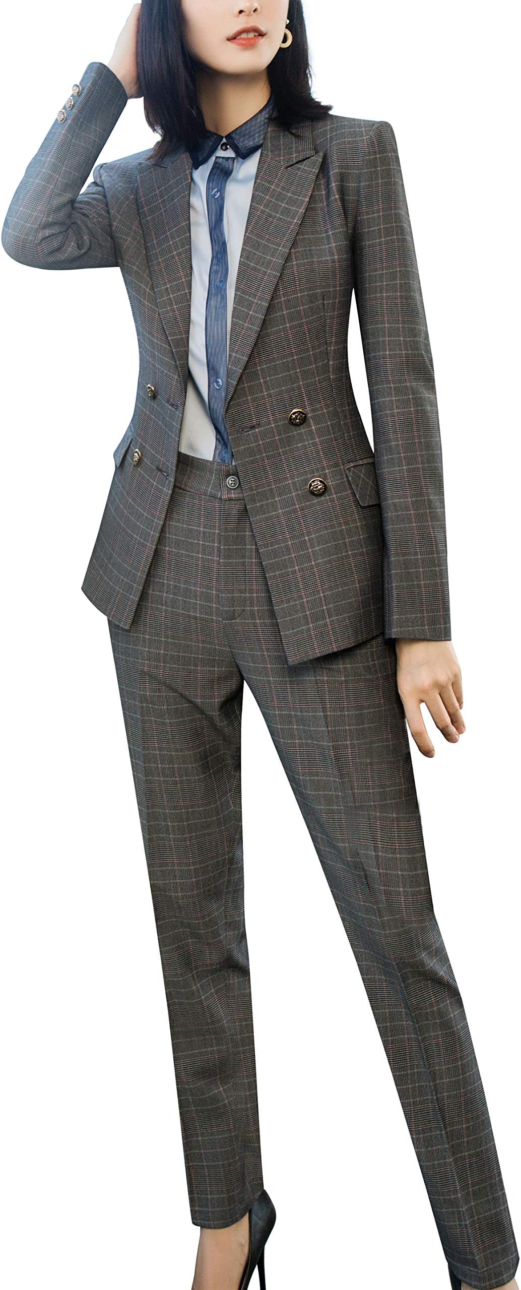 Women’s Business Two Piece Plaid Blazer Sets Double Breasted Office Work Blazer Jacket Pantsuits