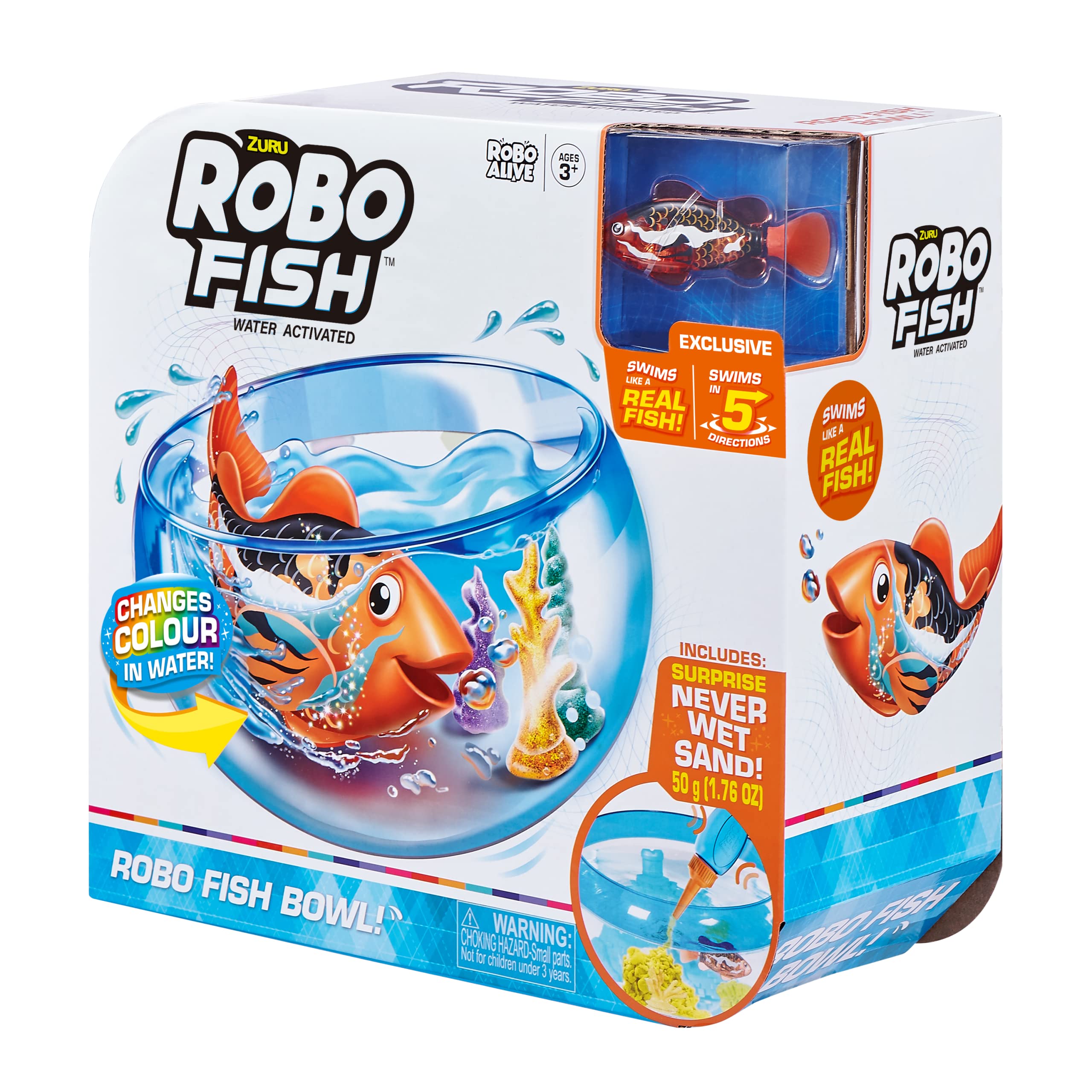 Robo fish tank with magic sand and a new generation fish, swimming by itself in contact with water and changes colour.