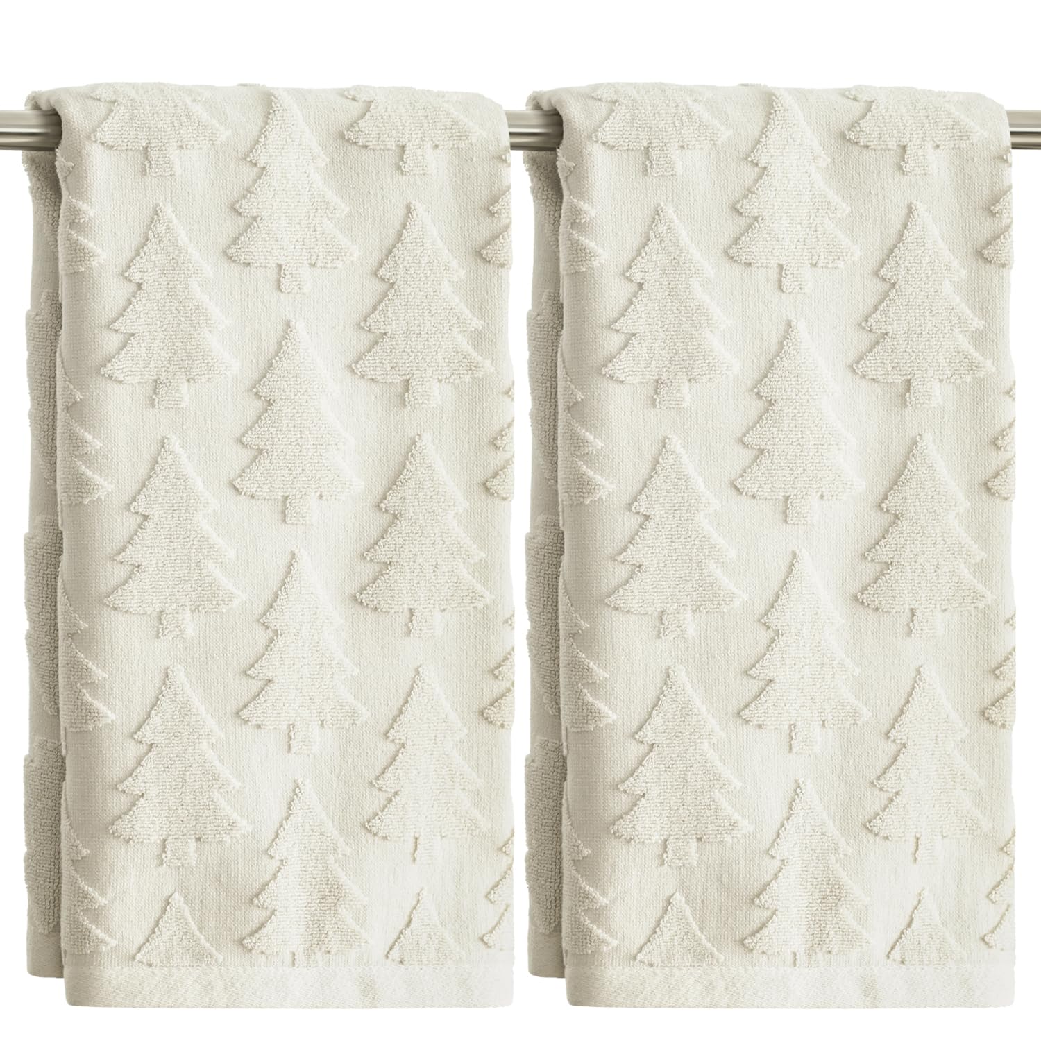 Photo 1 of Artoid Mode 2 Pcs Beige 3D Xmas Tree Jacquard Christmas Hand Towels for Bathroom, 100% Cotton Soft Absorbent Bathroom Decor Towels, 13.7 x 29.5 Inch